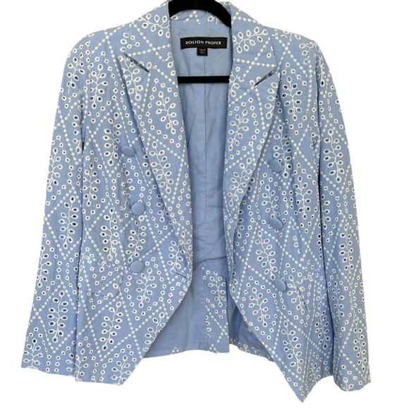 Boston Proper Women's Blue + White Eyelet Blazer Jacket Size 6 - Picture 3 of 6